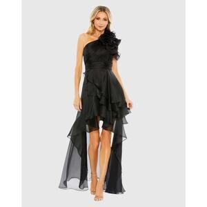 NWT MAC DUGGAL Black One Shoulder Ruffle Hi-Low Gown Sz 14